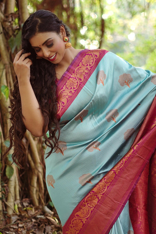 Sky Blue Pure Soft Semi-Silk Saree Stylish Blouse Piece