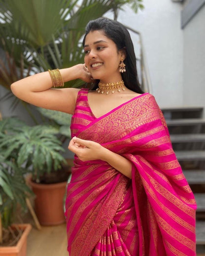 Pink Pure Semi Silk Saree Weaved With Copper Zari Comes With Attached Blouse.