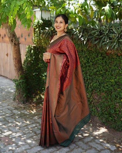 Maroon Pure Semi Silk Saree Weaved With Copper Zari Comes With Heavy Banarasi Brocade Blouse