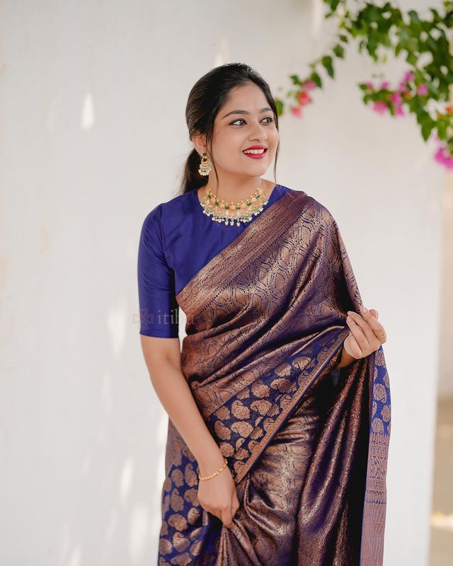 Navy Blue Pure Soft Semi-Silk Saree Stylish Blouse Piece