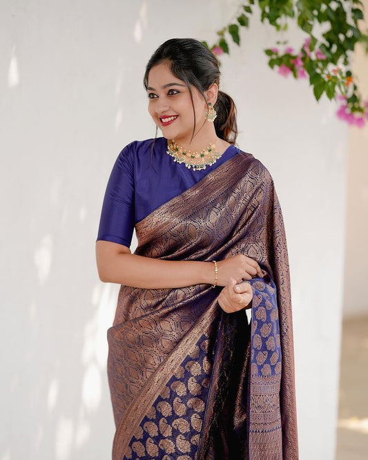 Navy Blue Pure Soft Semi-Silk Saree Stylish Blouse Piece