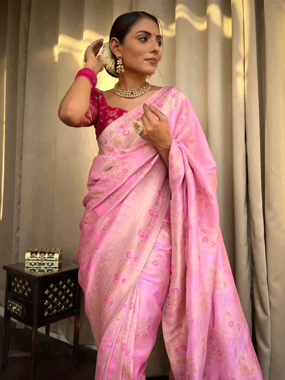 Onion Pink Pure Soft Silk Saree With Twirling Blouse Piece