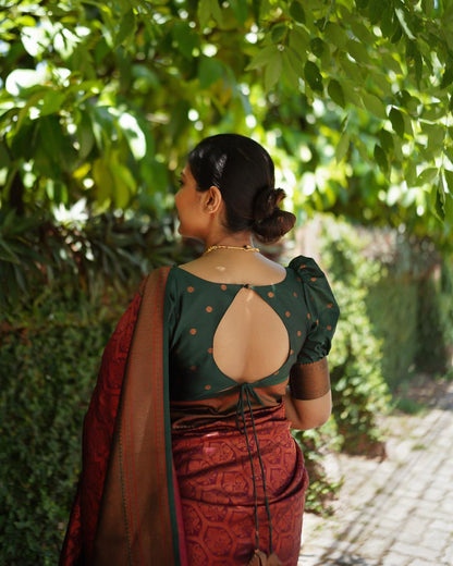 Maroon Pure Semi Silk Saree Weaved With Copper Zari Comes With Heavy Banarasi Brocade Blouse