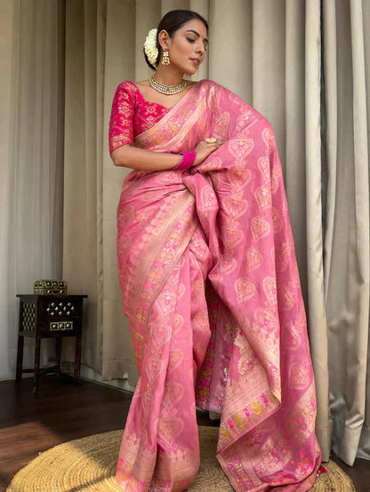 Onion Pink Pure Soft Silk Saree With Twirling Blouse Piece