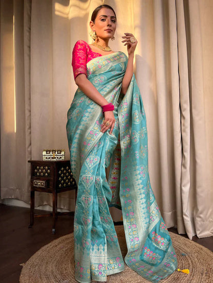 Turquoise Green Pure Soft Silk Saree With Twirling Blouse Piece