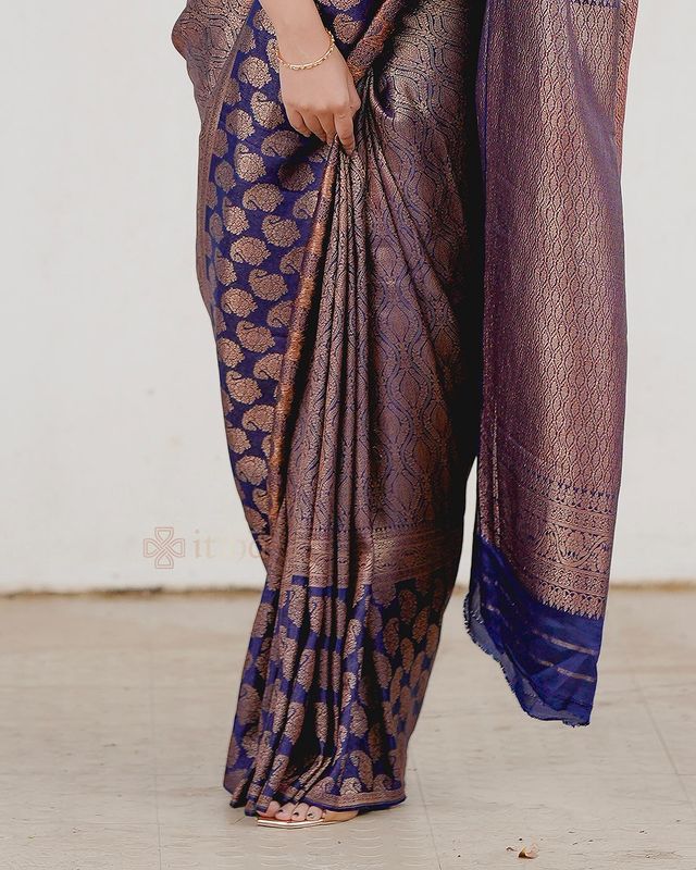 Navy Blue Pure Soft Semi-Silk Saree Stylish Blouse Piece