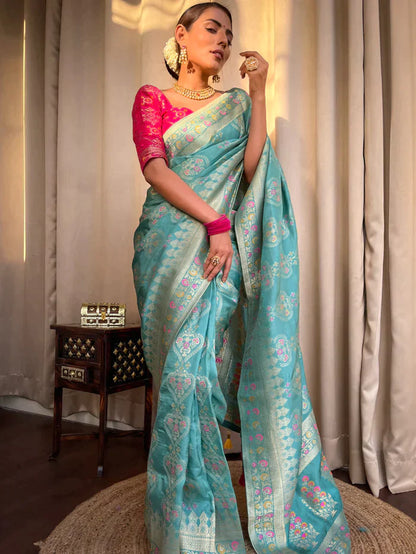 Turquoise Green Pure Soft Silk Saree With Twirling Blouse Piece