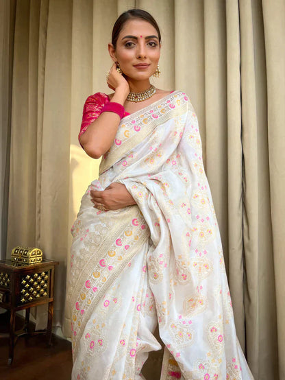 White Pure Soft Silk Saree With Twirling Blouse Piece