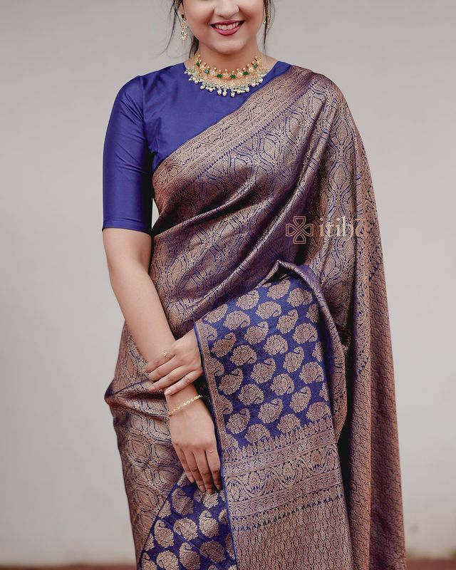 Navy Blue Pure Soft Semi-Silk Saree Stylish Blouse Piece