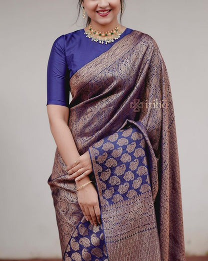 Navy Blue Pure Soft Semi-Silk Saree Stylish Blouse Piece