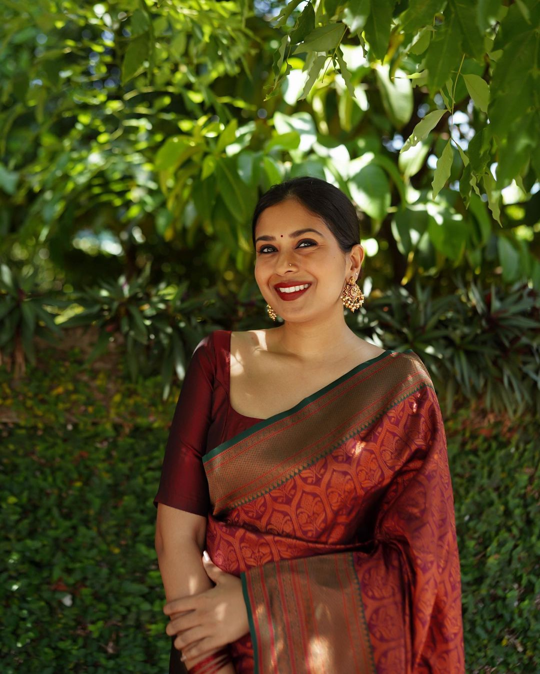 Maroon Pure Semi Silk Saree Weaved With Copper Zari Comes With Heavy Banarasi Brocade Blouse