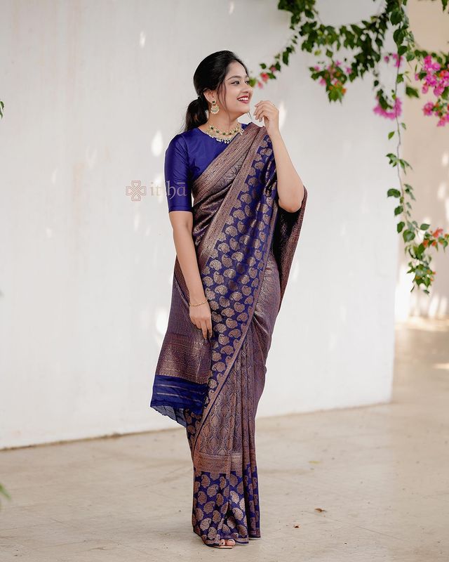Navy Blue Pure Soft Semi-Silk Saree Stylish Blouse Piece