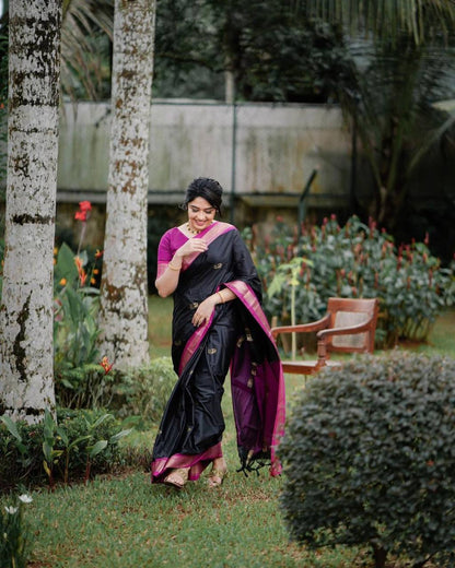 Black & Pink Pure Soft Silk Saree With Engrossing Blouse Piece