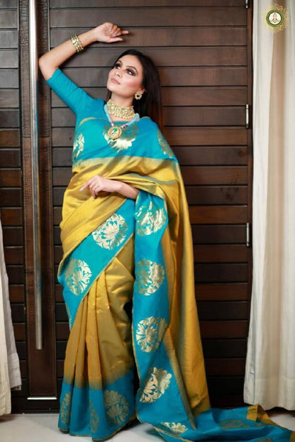 Rama With Light Yellow Semi Silk Saree Weaved With Golden Zari With Attached Heavy Brocade Blouse