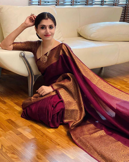 Maroon Semi Silk Saree Weaved With Golden Zari With Attached Heavy Brocade Blouse