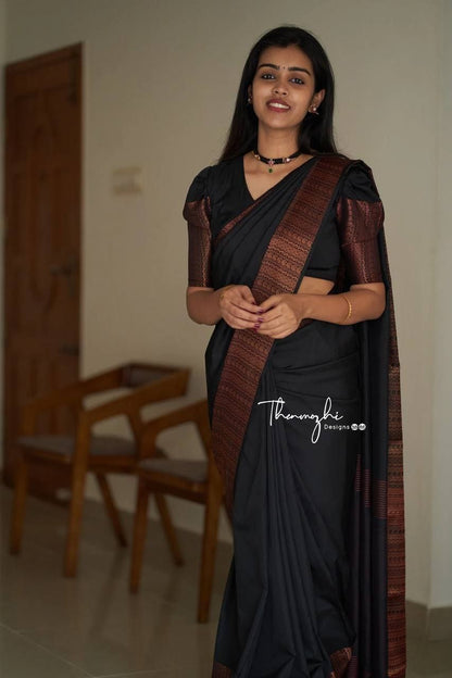 Black Semi Silk Saree Weaved With Copper Zari With Attached Heavy Brocade Blouse