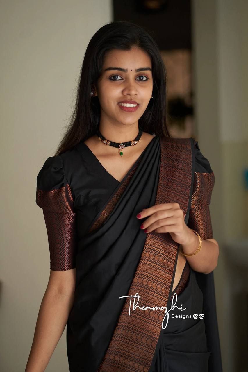 Black Semi Silk Saree Weaved With Copper Zari With Attached Heavy Brocade Blouse