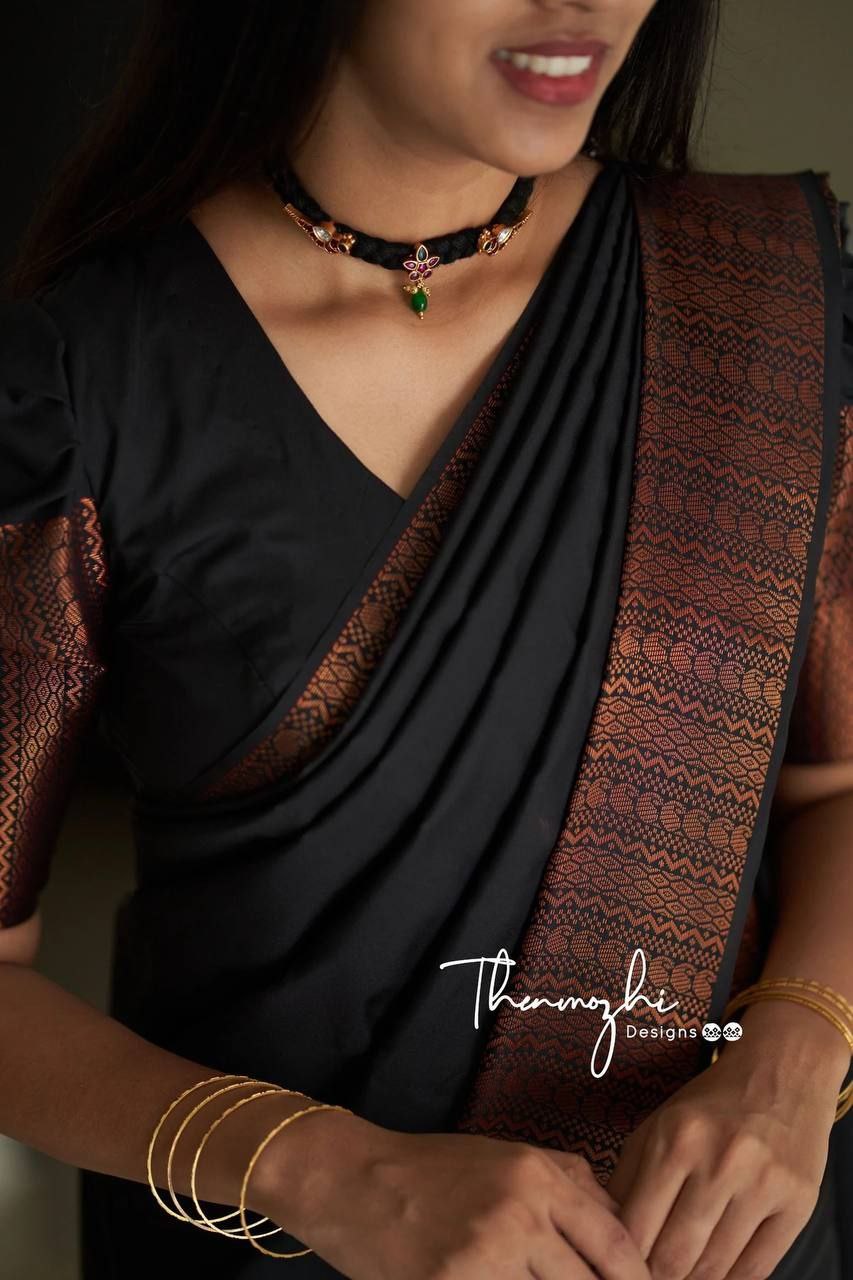 Black Semi Silk Saree Weaved With Copper Zari With Attached Heavy Brocade Blouse