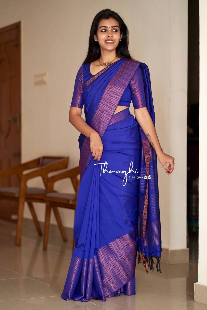 Royal Blue Semi Silk Saree Weaved With Copper Zari With Attached Heavy Brocade Blouse