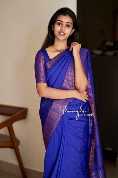 Royal Blue Semi Silk Saree Weaved With Copper Zari With Attached Heavy Brocade Blouse