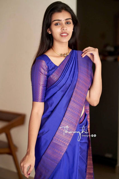 Royal Blue Semi Silk Saree Weaved With Copper Zari With Attached Heavy Brocade Blouse