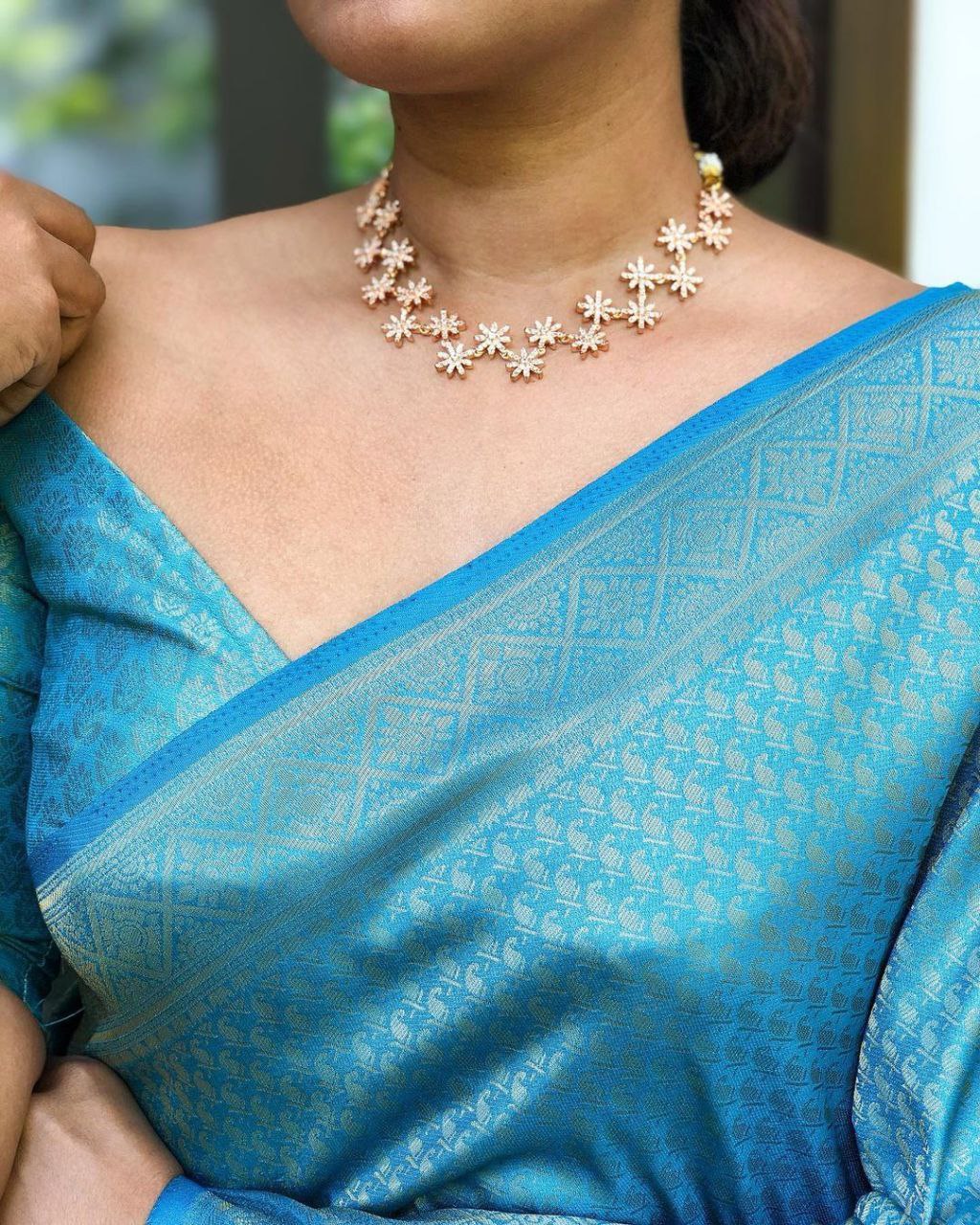 Sky Blue Semi Silk Saree Weaved With Copper Zari With Attached Heavy Brocade Blouse