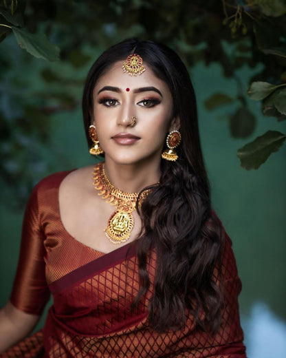 Maroon Semi Silk Saree Weaved With Copper Zari With Attached Heavy Brocade Blouse