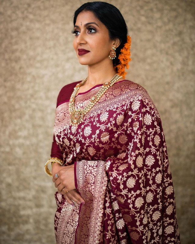 Maroon Semi Silk Saree Weaved With Golden Zari With Attached Heavy Brocade Blouse