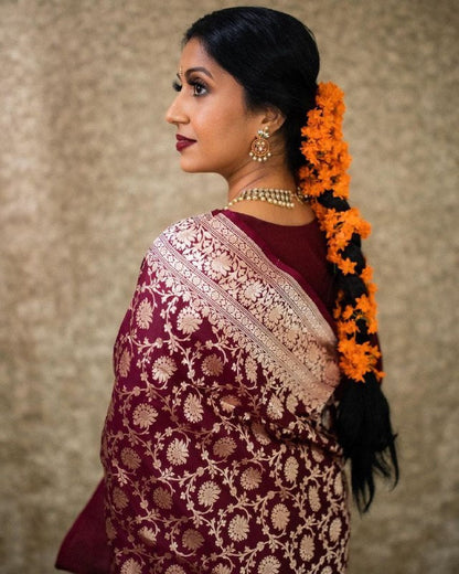 Maroon Semi Silk Saree Weaved With Golden Zari With Attached Heavy Brocade Blouse