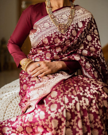 Maroon Semi Silk Saree Weaved With Golden Zari With Attached Heavy Brocade Blouse