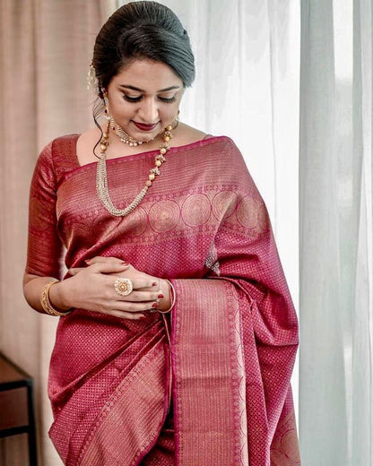 Gajari Semi Silk Saree Weaved With Copper Zari.