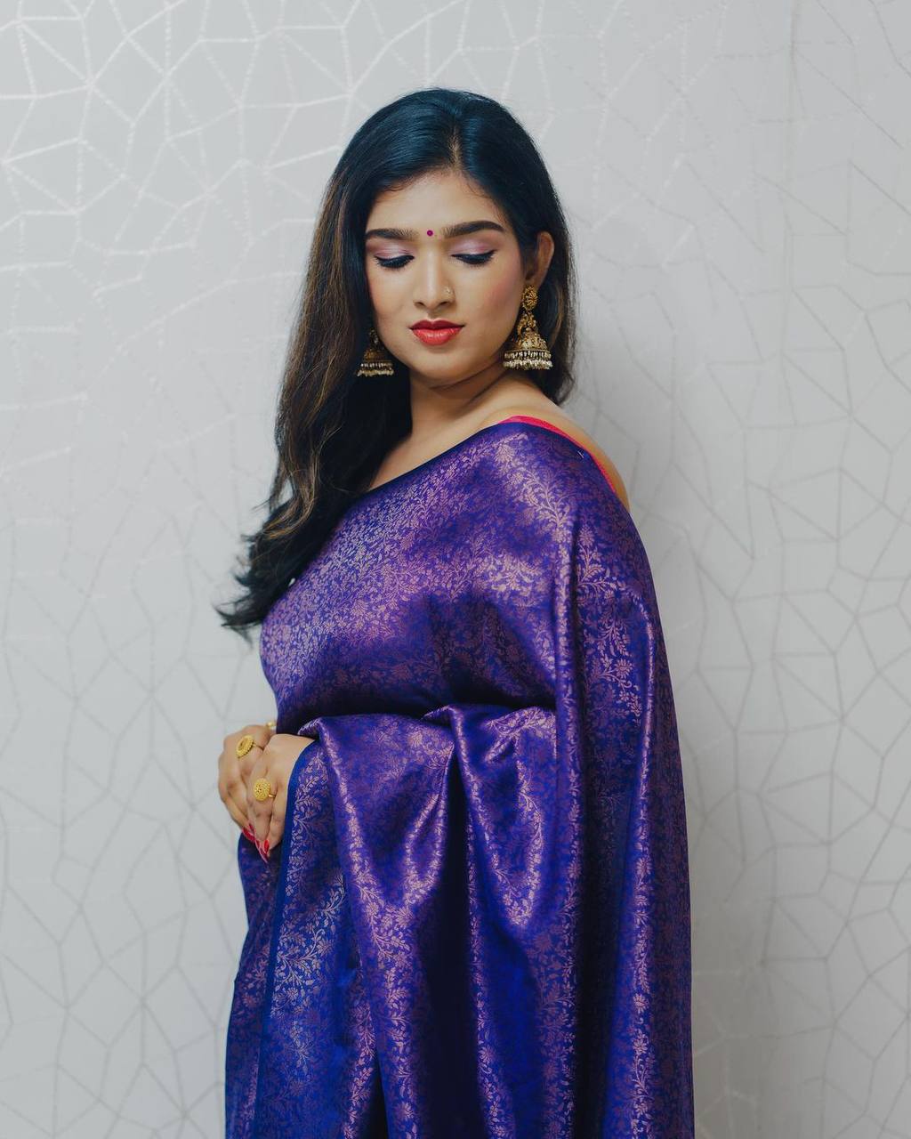 Stunning Violet Semi Silk Saree Weaved With Copper Zari