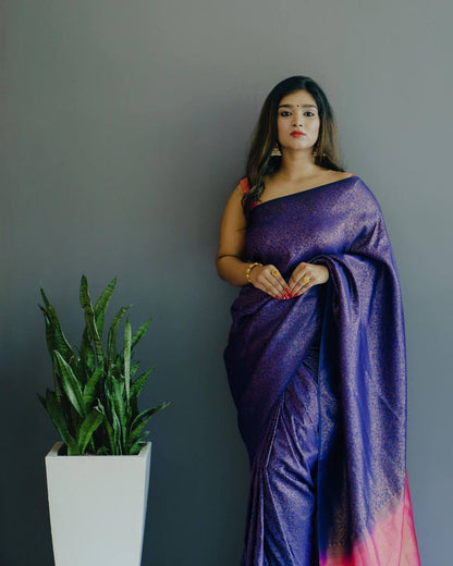 Stunning Violet Semi Silk Saree Weaved With Copper Zari