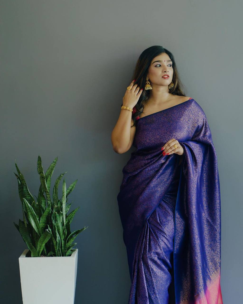 Stunning Violet Semi Silk Saree Weaved With Copper Zari