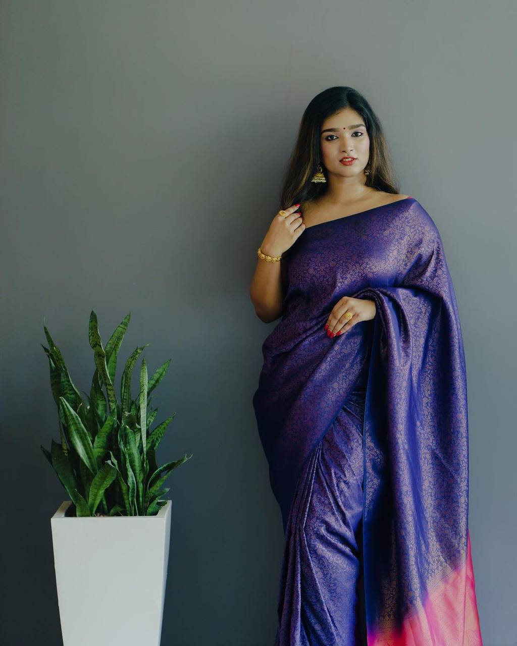 Stunning Violet Semi Silk Saree Weaved With Copper Zari