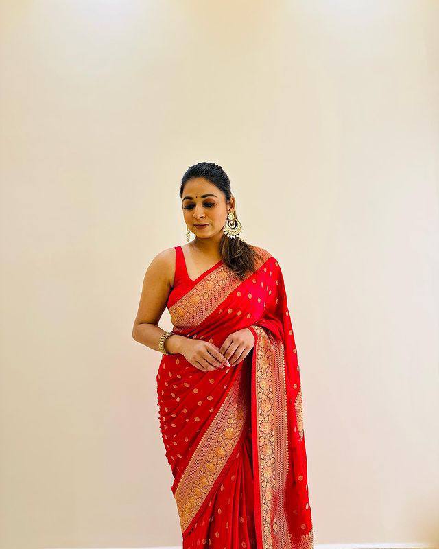 Romantic Red Semi Silk Saree Weaved With Golden Zari With Attached Heavy Brocade Blouse