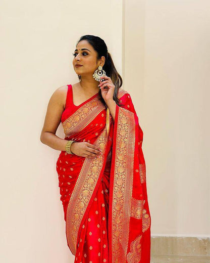 Romantic Red Semi Silk Saree Weaved With Golden Zari With Attached Heavy Brocade Blouse