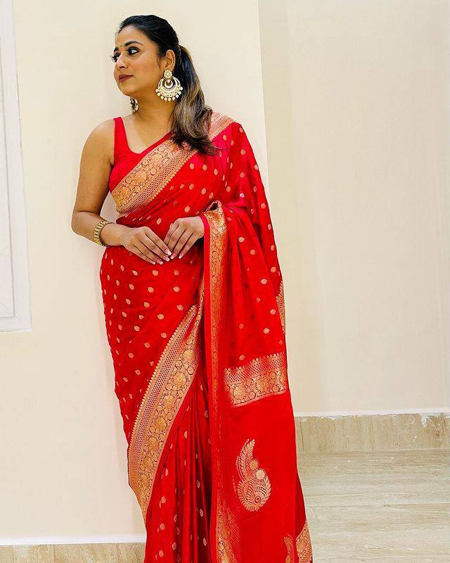 Romantic Red Semi Silk Saree Weaved With Golden Zari With Attached Heavy Brocade Blouse