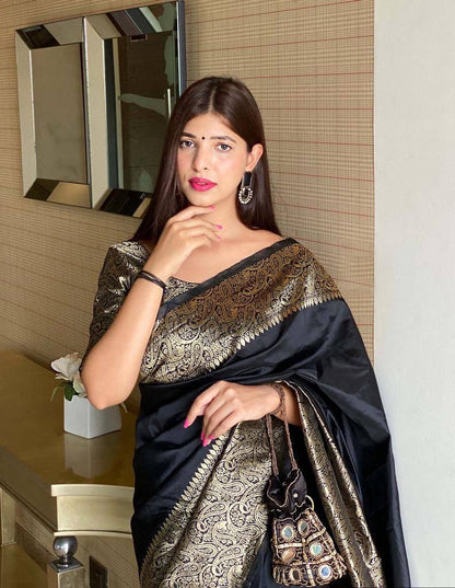 Black Semi Silk Saree Weaved With Golden Zari With Attached Heavy Brocade Blouse