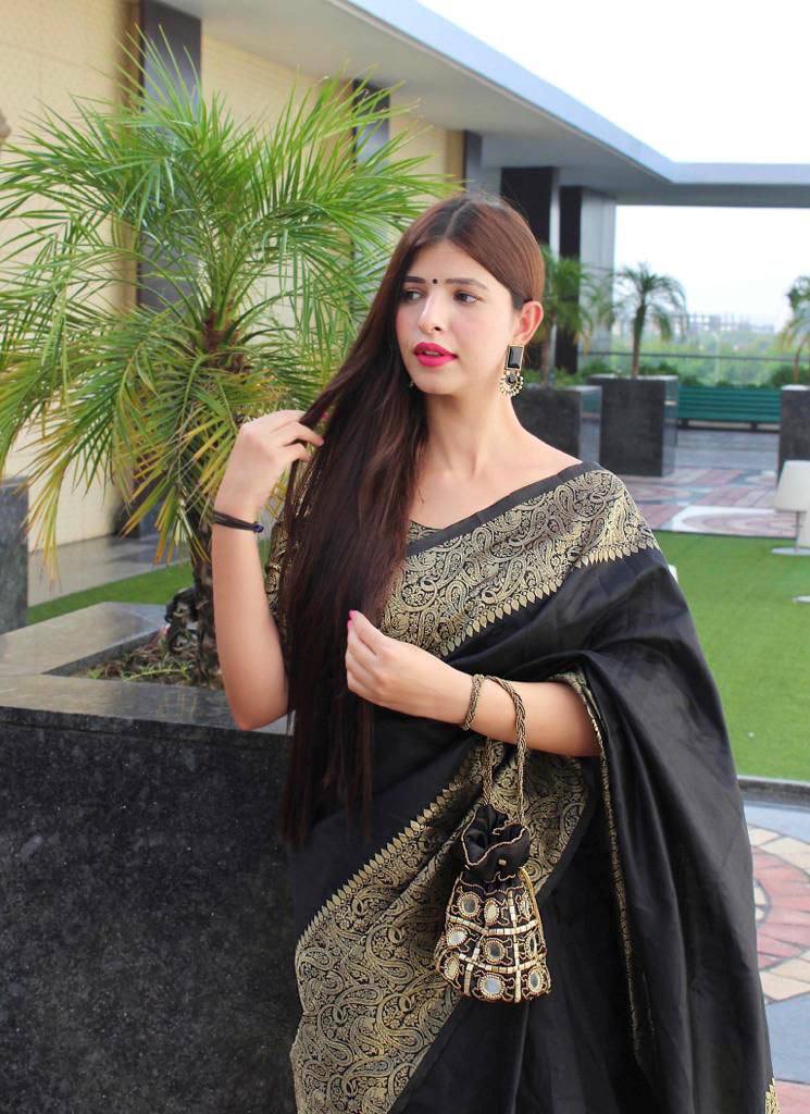 Black Semi Silk Saree Weaved With Golden Zari With Attached Heavy Brocade Blouse