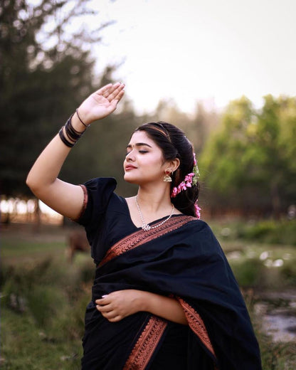 Black Pure Soft Semi Silk Saree With Attractive Blouse Piece