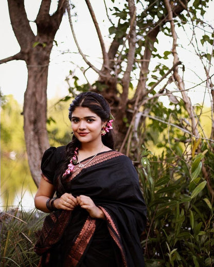 Black Pure Soft Semi Silk Saree With Attractive Blouse Piece