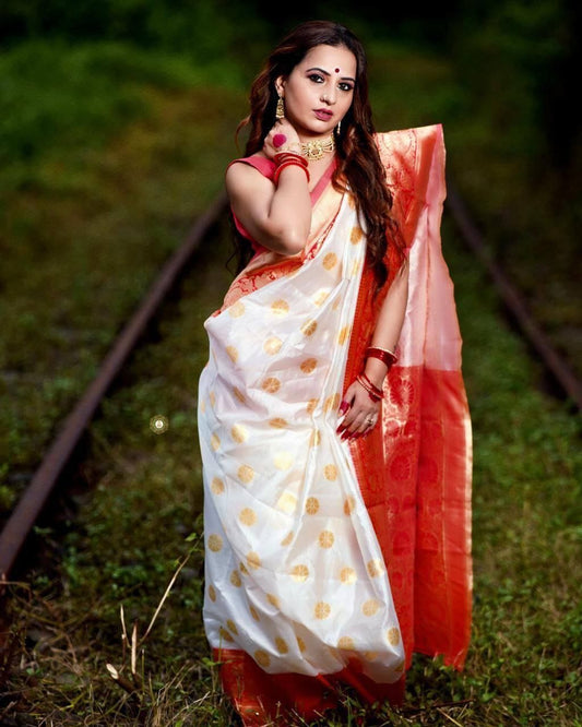 White & Red Pure Soft Silk Saree With Twirling Blouse Piece