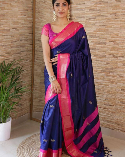 Blue & Pink Pure Soft Silk Saree With Twirling Blouse Piece