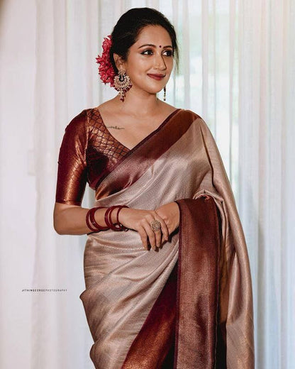 Symmetrical Grey Pure Soft Silk Saree With Engrossing Blouse Piece